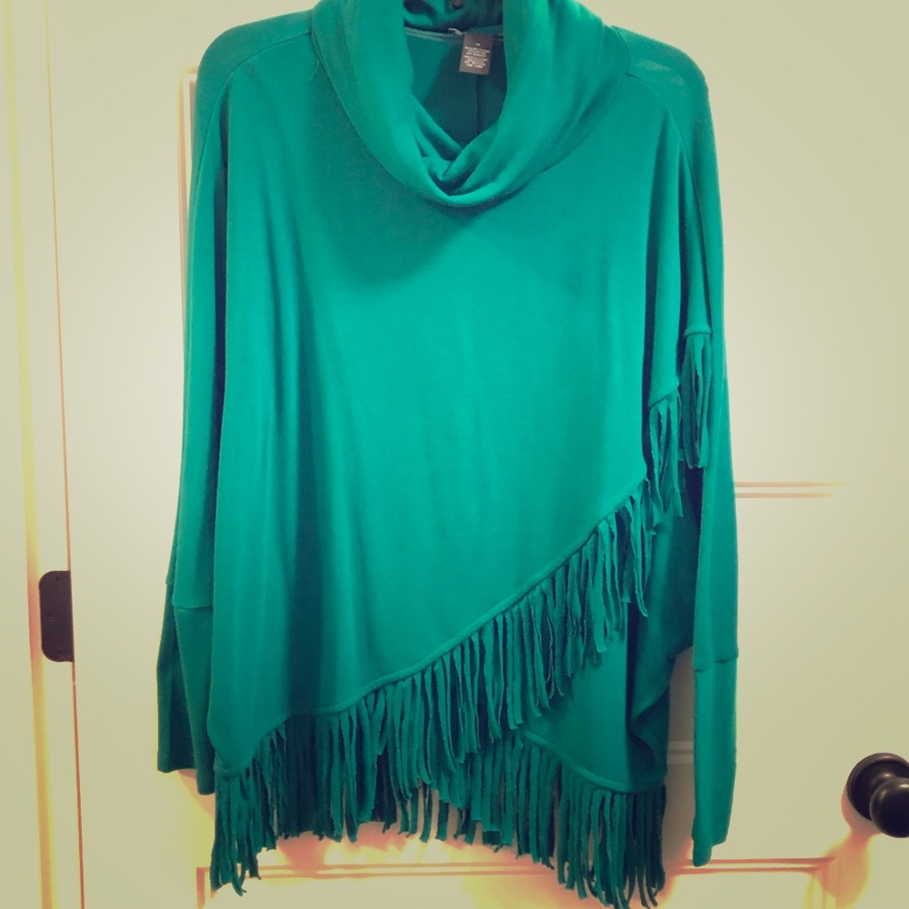 Green Dolman fringe sweater - poncho - medium